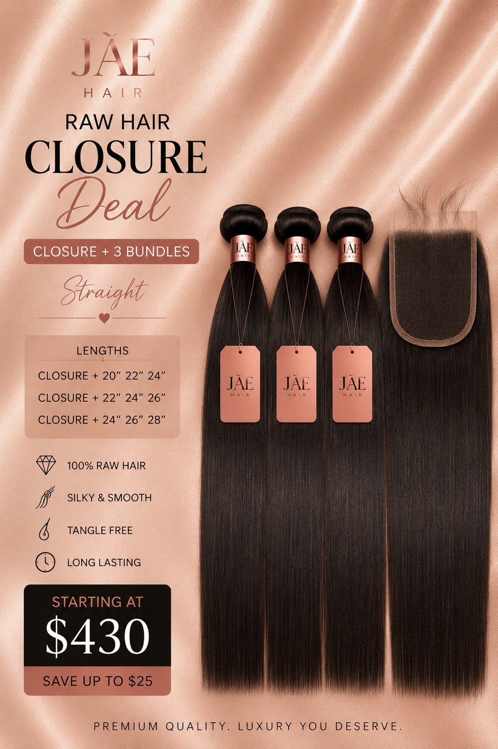 Raw Straight Bundle Deal with HD Lace Closure